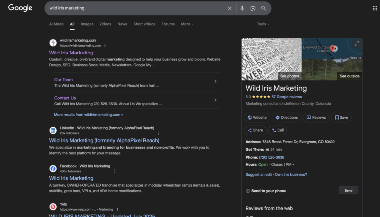 A screenshot of a google search for Wild Iris Marketing and it's Google Business Profile.